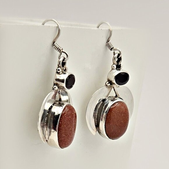 Sterling Red Garnet - Sandstone Dangle Earrings - Picture 2 of 5